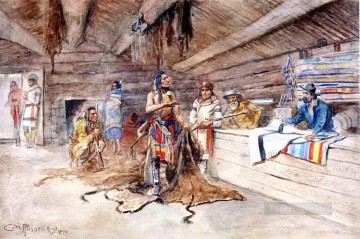 アメリカインディアン Painting - ジョー・キップの交易所 1898 チャールズ・マリオン・ラッセル アメリカン・インディアン